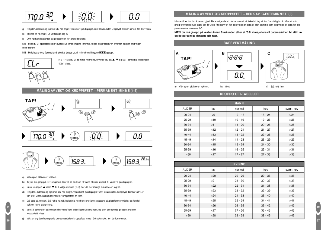 Salter Housewares Body Fat Computer instruction manual Måling AV Vekt OG Kroppsfett Bruk AV ‘GJESTEMINNET’, Bare Vektmåling 