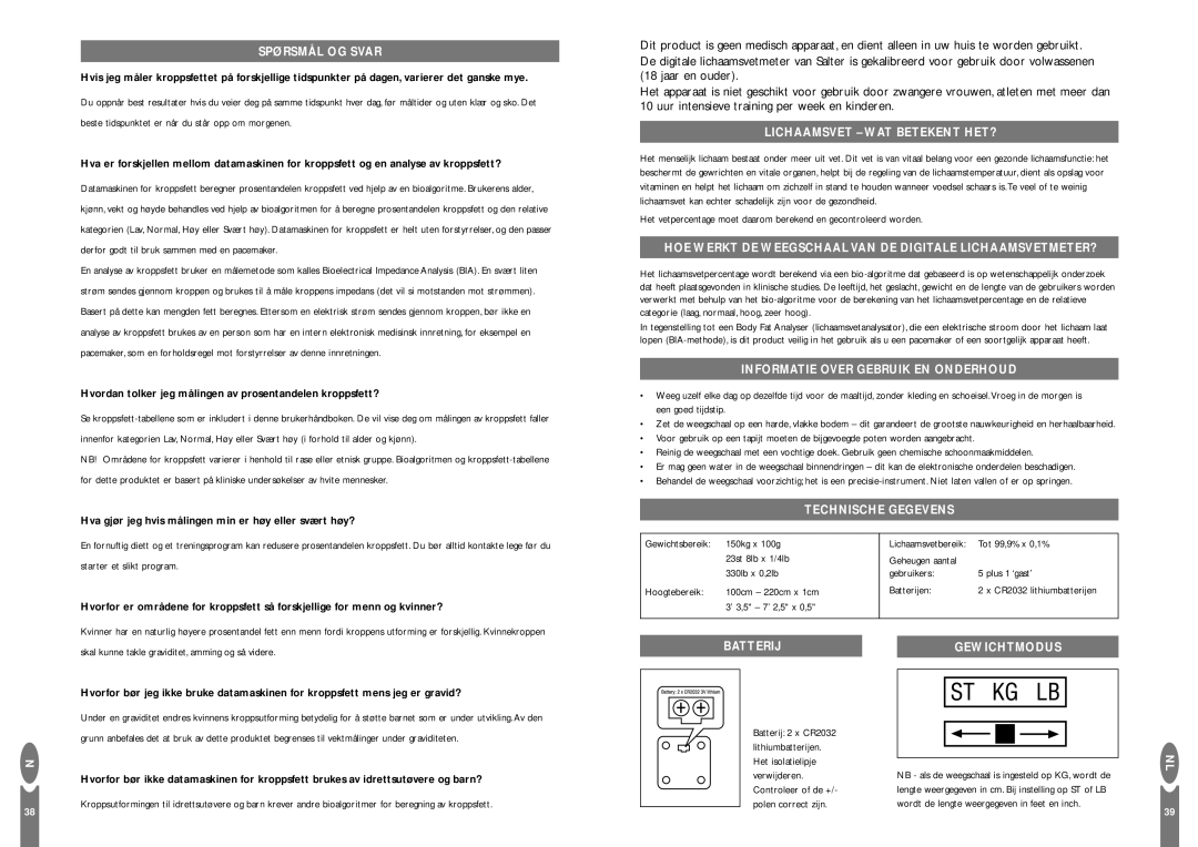 Salter Housewares Body Fat Computer Spørsmål OG Svar, Lichaamsvet WAT Betekent HET?, Informatie Over Gebruik EN Onderhoud 