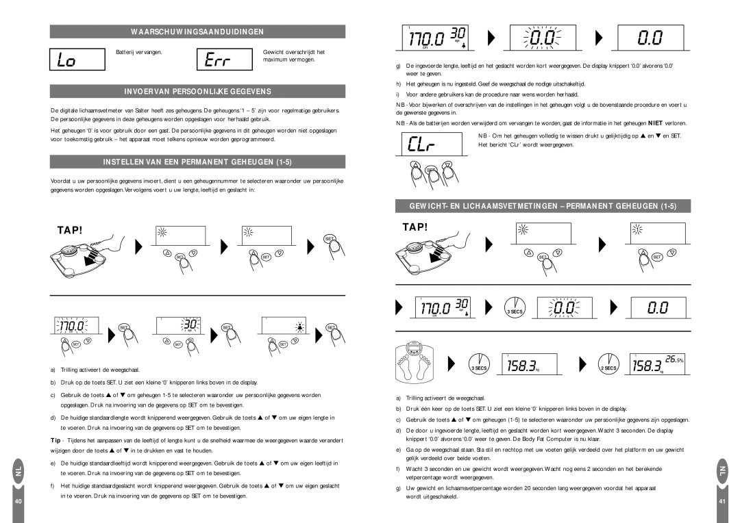 Salter Housewares Body Fat Computer instruction manual Waarschuwingsaanduidingen, Invoer VAN Persoonlijke Gegevens 