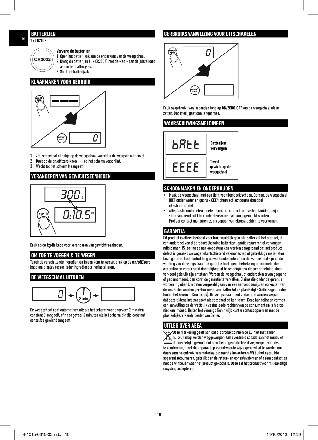 Salter Housewares IB-1015-0610-03 manual Waarschuwingsmeldingen 