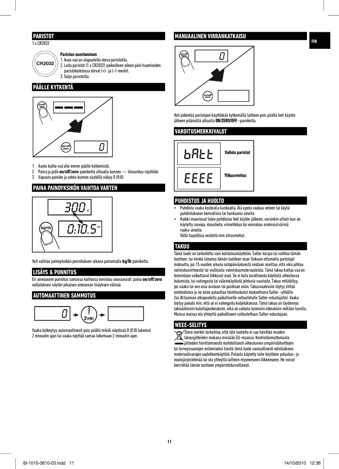 Salter Housewares IB-1015-0610-03 manual Varoitusmerkkivalot, Puhdistus JA Huolto, Takuu 