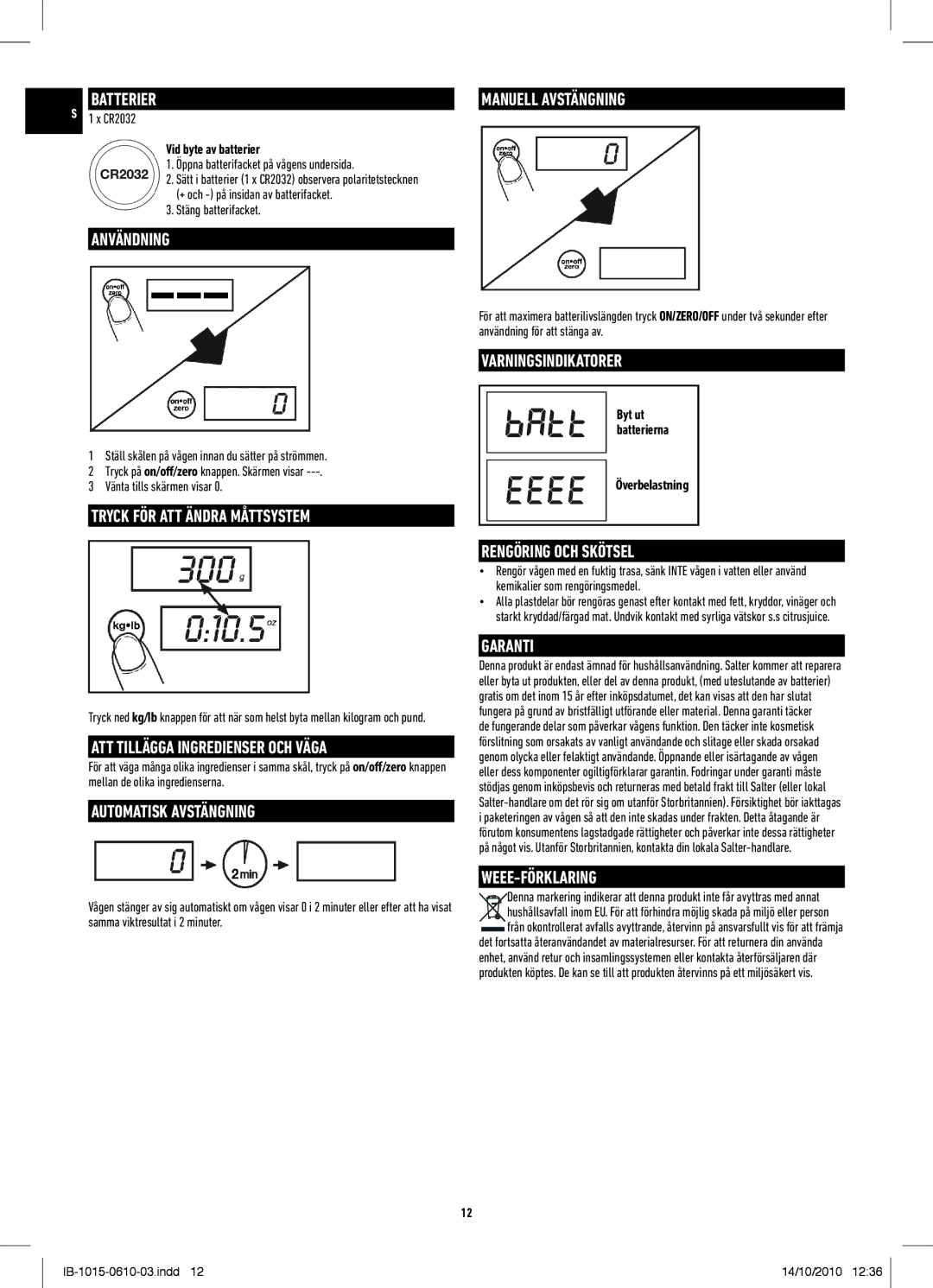 Salter Housewares IB-1015-0610-03 manual Varningsindikatorer 