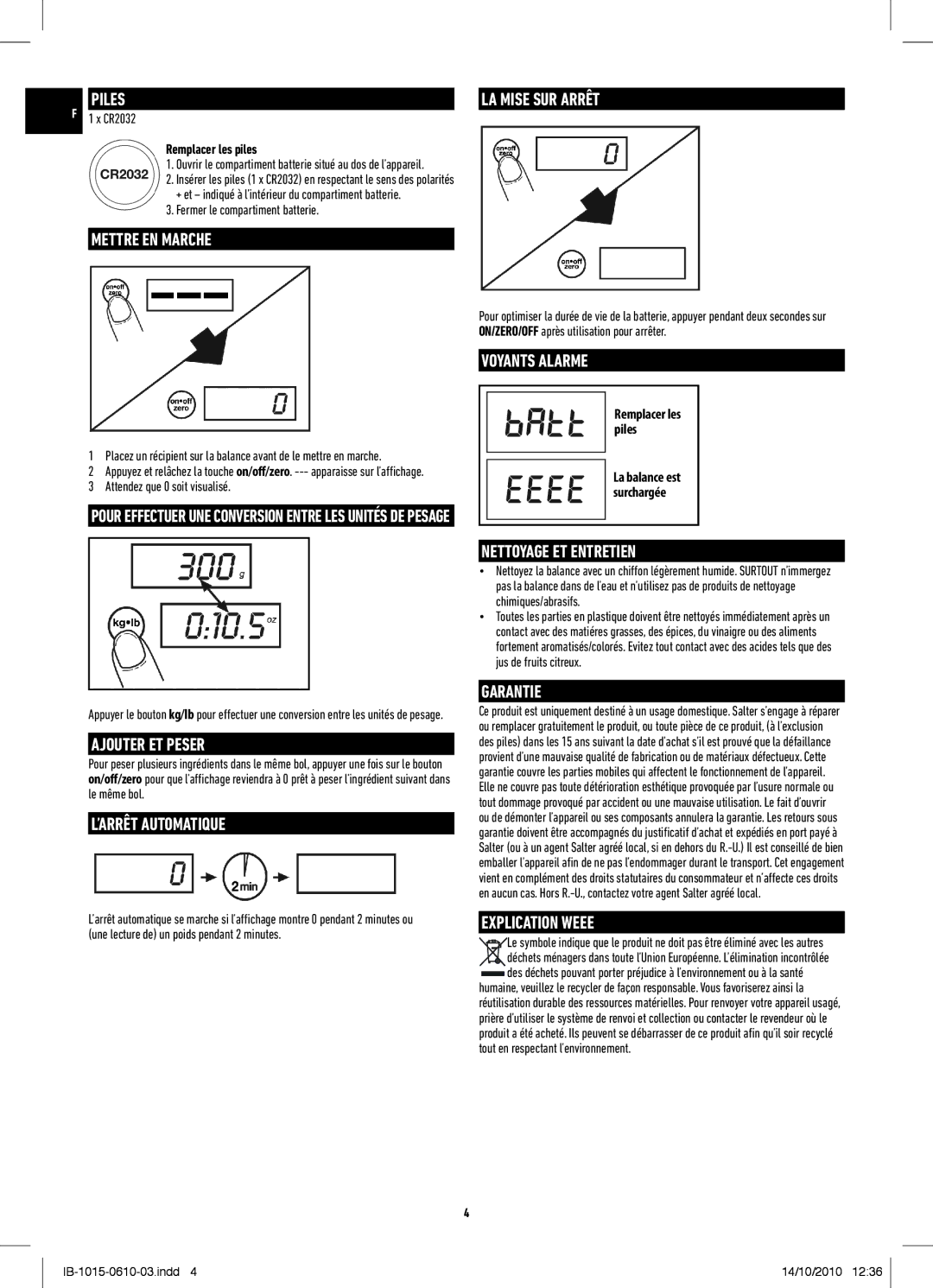 Salter Housewares IB-1015-0610-03 manual Voyants Alarme, Garantie 