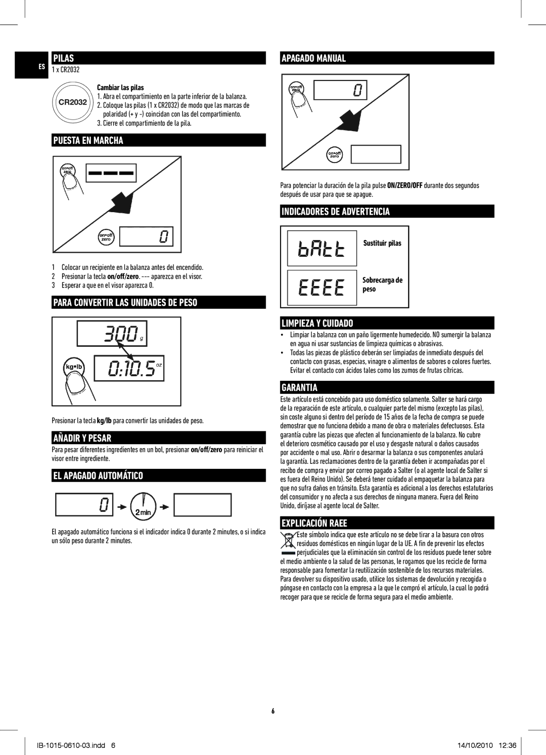 Salter Housewares IB-1015-0610-03 manual Indicadores DE Advertencia, Garantia 