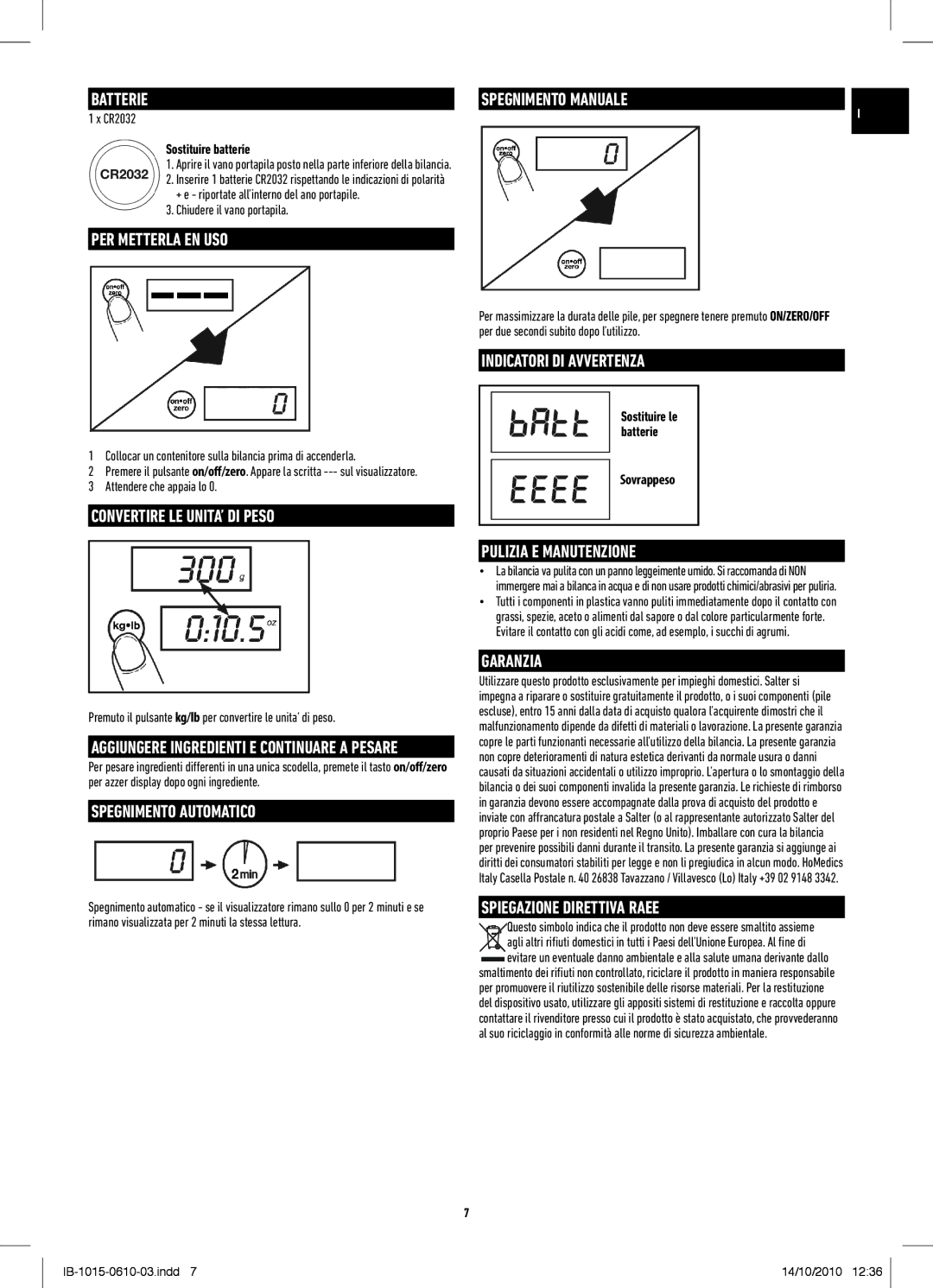 Salter Housewares IB-1015-0610-03 manual Indicatori DI Avvertenza, Garanzia 