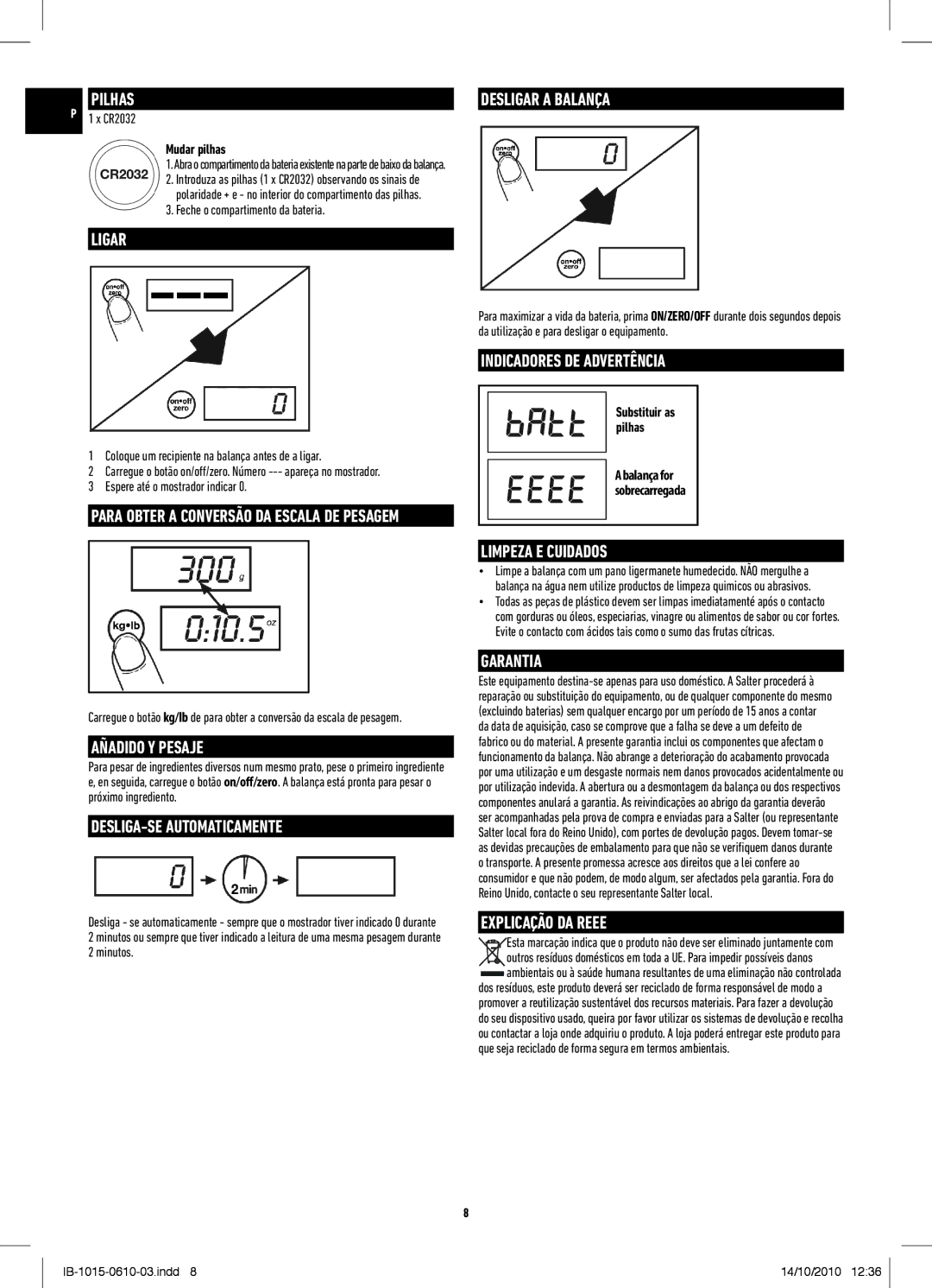 Salter Housewares IB-1015-0610-03 manual Indicadores DE Advertência 