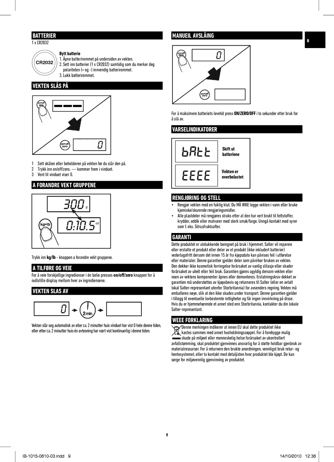 Salter Housewares IB-1015-0610-03 manual Varselindikatorer, Garanti 