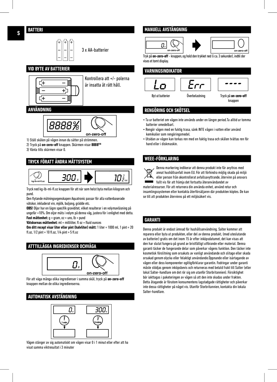 Salter Housewares IB-1060WHDR-1009-01 VID Byte AV Batterier, Användning, Tryck Föratt Ändra Måttsystem, Varningsindikator 