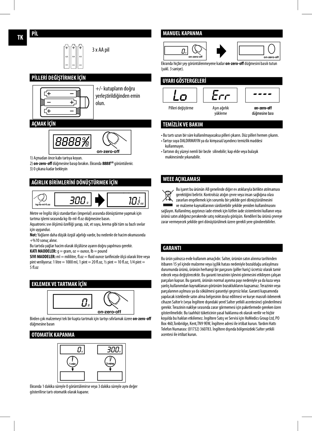 Salter Housewares IB-1060WHDR-1009-01 manual Pİllerİ Değİştİrmek İçİn, Açmak İçİn, Ağirlik Bİrİmlerİnİ Dönüştürmek İçİn 