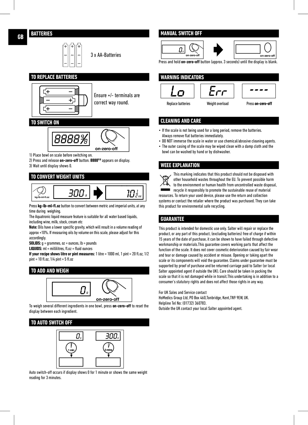 Salter Housewares IB-1060WHDR-1009-01 GB Batteries, To Replace Batteries, To Switch on, To Convert Weight Units, Guarantee 