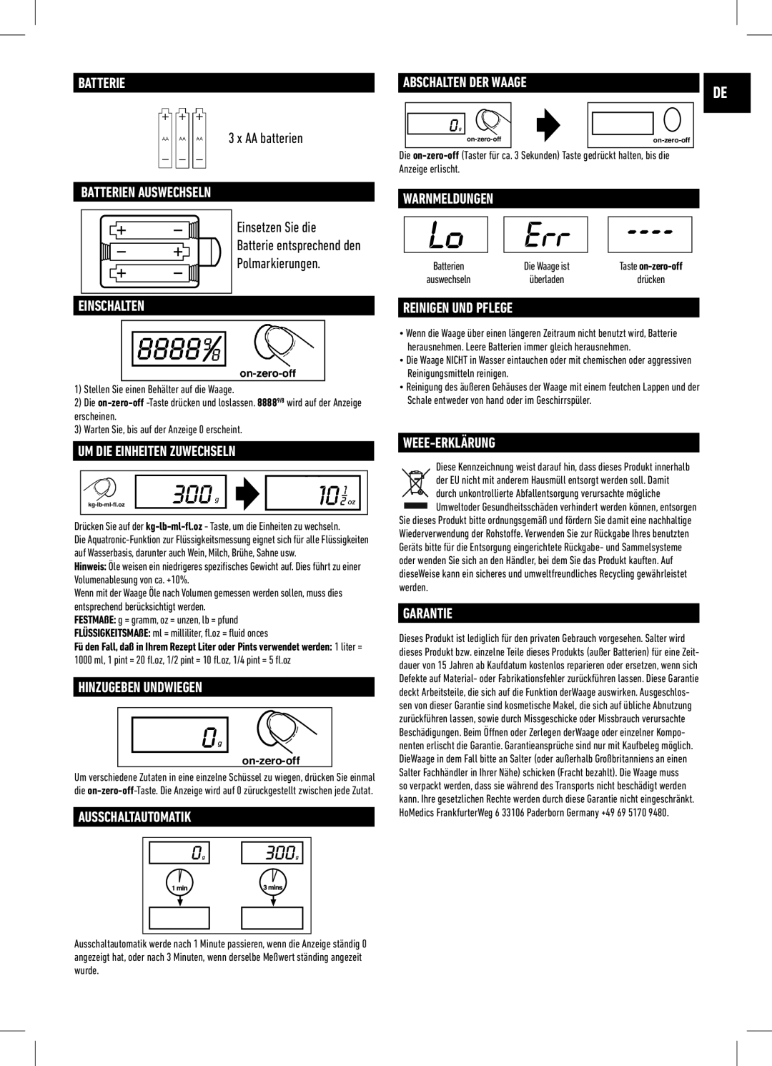 Salter Housewares IB-1060WHDR-1009-01 Batterien Auswechseln, Einschalten, UM DIE Einheiten Zuwechseln, Weee-Erklärung 