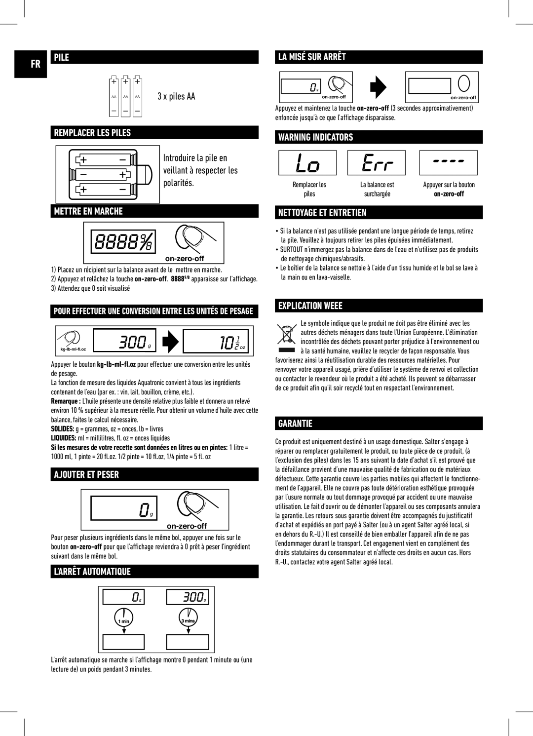 Salter Housewares IB-1060WHDR-1009-01 FR Pile, Remplacer LES Piles, Mettre EN Marche, Ajouter ET Peser, Explication Weee 