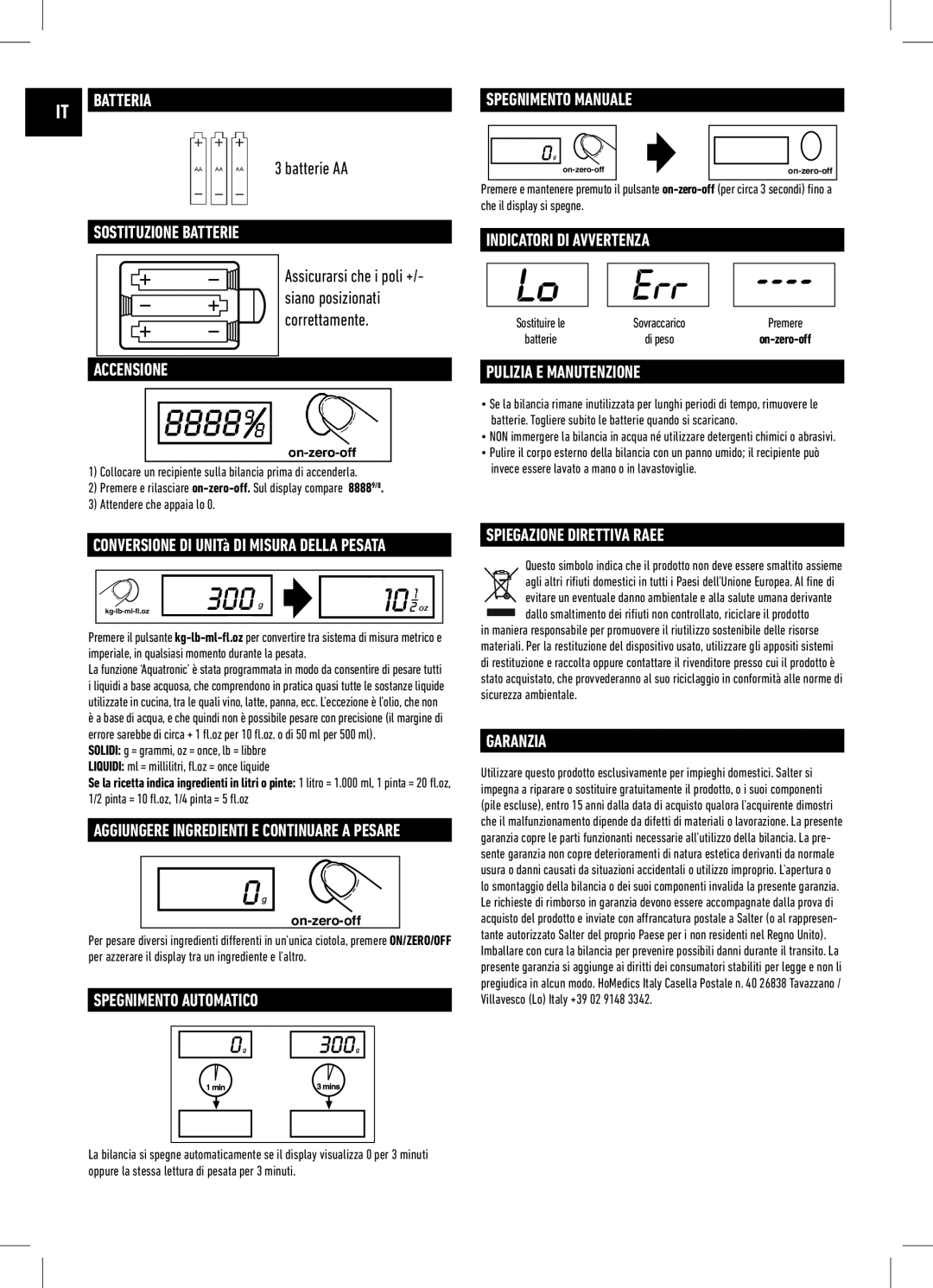 Salter Housewares IB-1060WHDR-1009-01 IT Batteria, Sostituzione Batterie, Accensione, Indicatori DI Avvertenza, Garanzia 