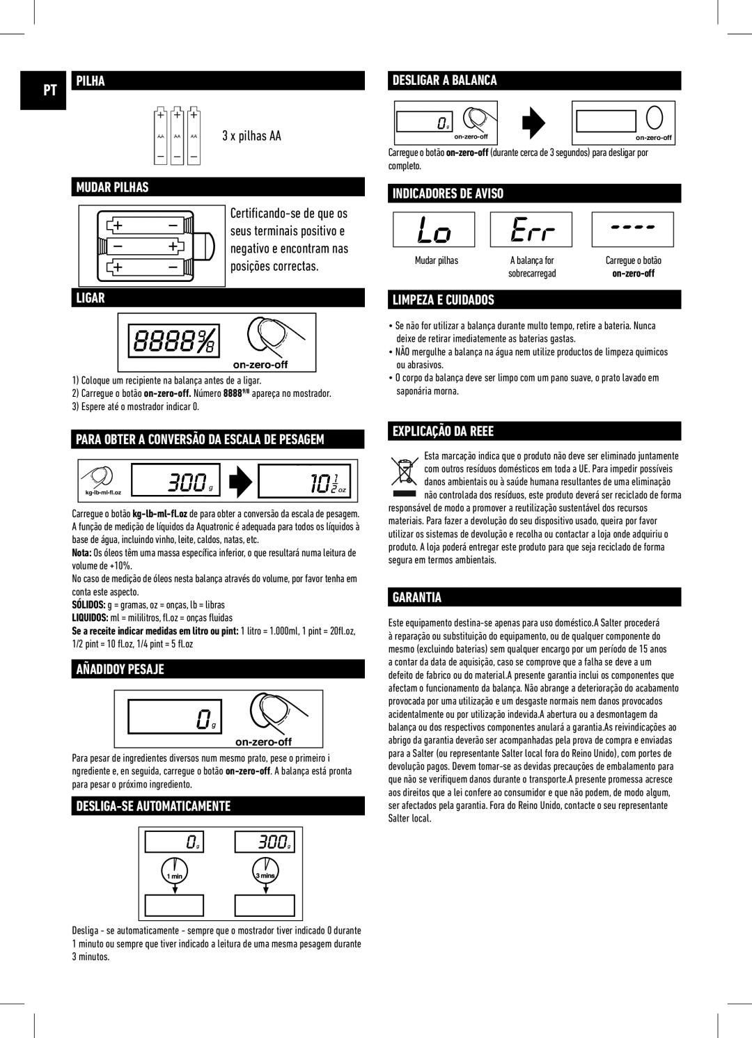 Salter Housewares IB-1060WHDR-1009-01 manual PT Pilha, Mudar Pilhas, Ligar, Añadidoy Pesaje, Indicadores DE Aviso 