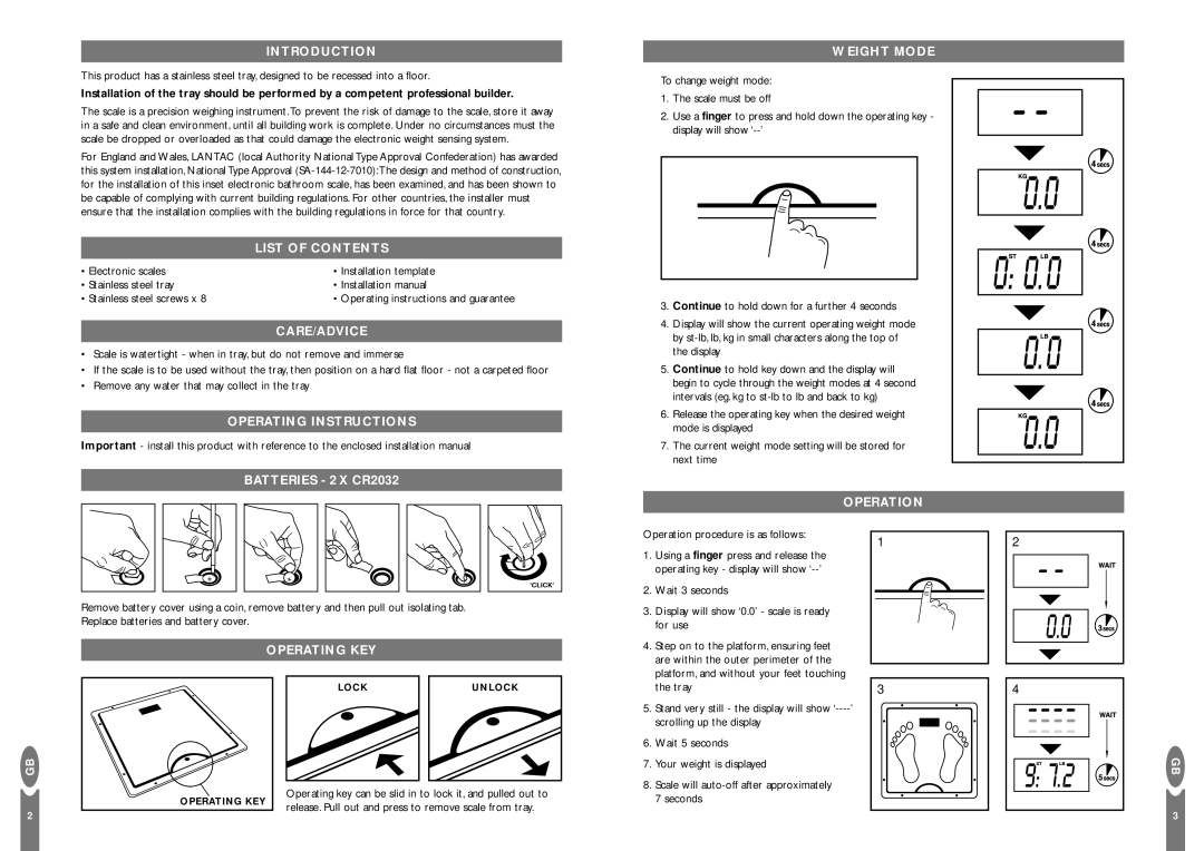 Salter Housewares Inset Electronic Bathroom Scale Introduction, List of Contents, Care/Advice, Operating Instructions 