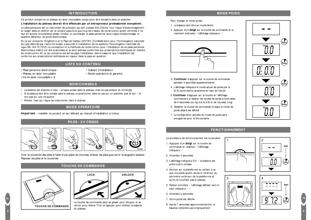 Salter Housewares Inset Electronic Bathroom Scale Liste DU Contenu, Soin/Conseils, Mode Operatoire, Mode Poids 