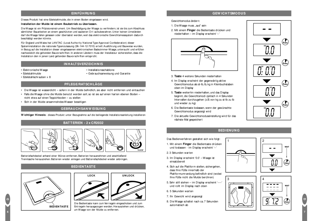 Salter Housewares Inset Electronic Bathroom Scale Einführung, Inhaltsverzeichnis, Pflege/Ratschläge, Gebrauchsanweisung 