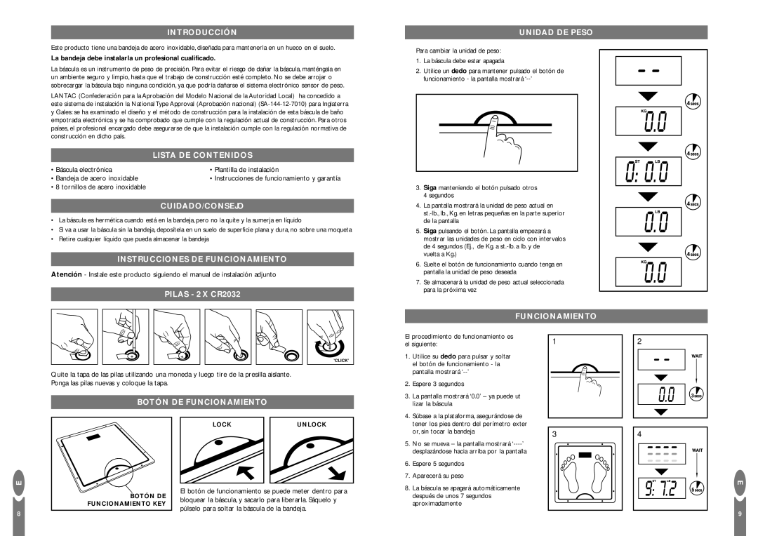 Salter Housewares Inset Electronic Bathroom Scale Introducción, Lista DE Contenidos, Cuidado/Consejo, Funcionamiento 