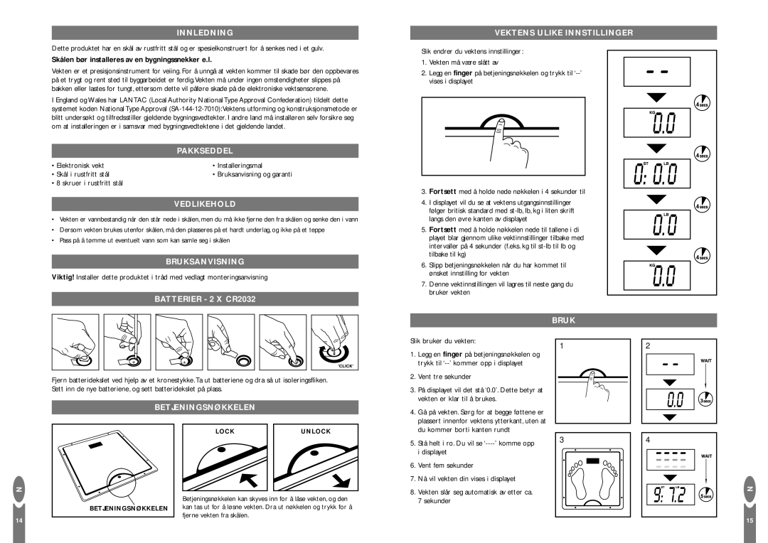 Salter Housewares Inset Electronic Bathroom Scale Innledning, Pakkseddel, Vedlikehold, Bruksanvisning, Betjeningsnøkkelen 