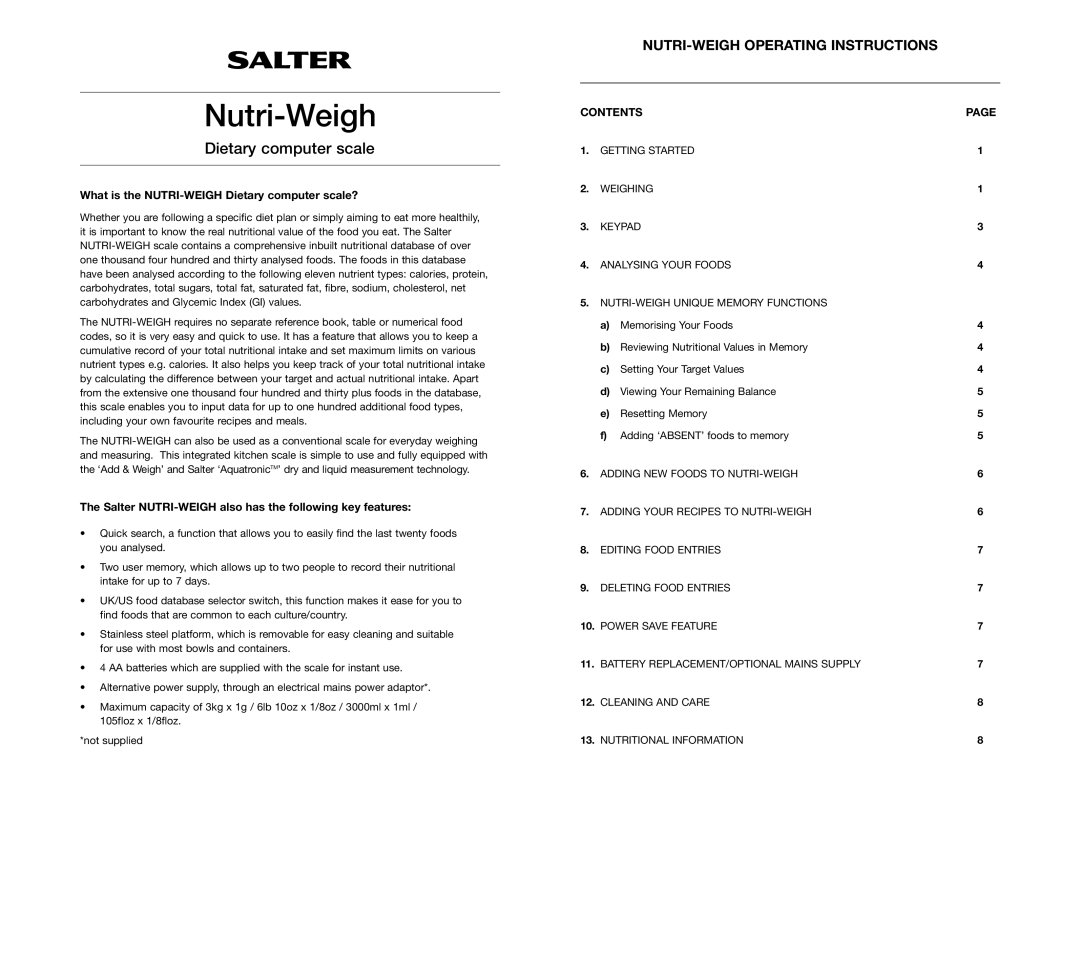 Salter Housewares instruction manual Nutri-Weigh, NUTRI-WEIGH Operating Instructions 