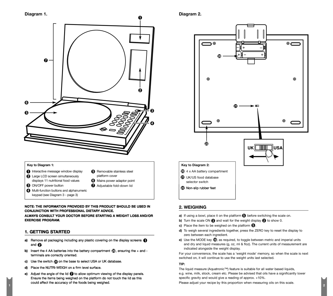 Salter Housewares instruction manual Diagram, Getting Started, Weighing, Interactive message window display 