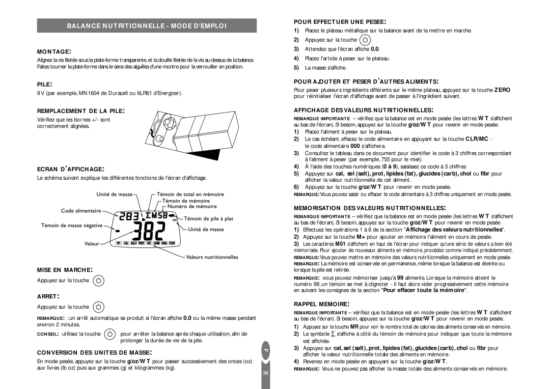 Salter Housewares pmn operating instructions Balance Nutritionnelle Mode Demploi 