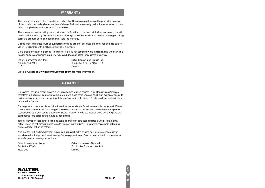 Salter Housewares pmn operating instructions Warranty, Garantie 