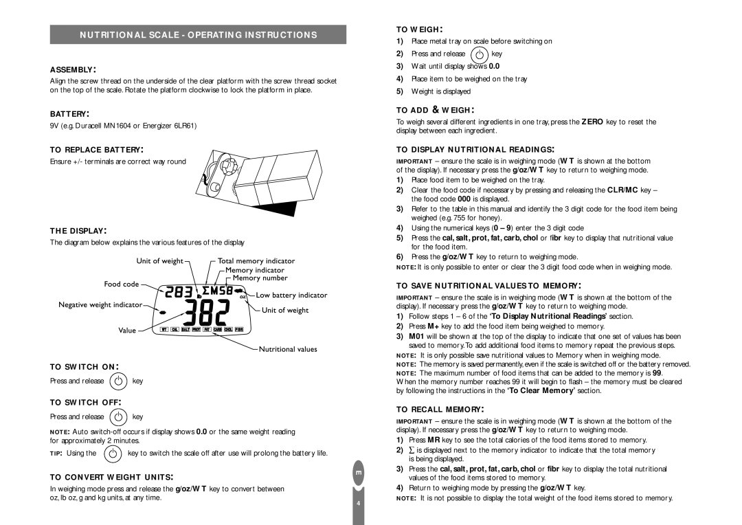 Salter Housewares pmn operating instructions Nutritional Scale Operating Instructions 