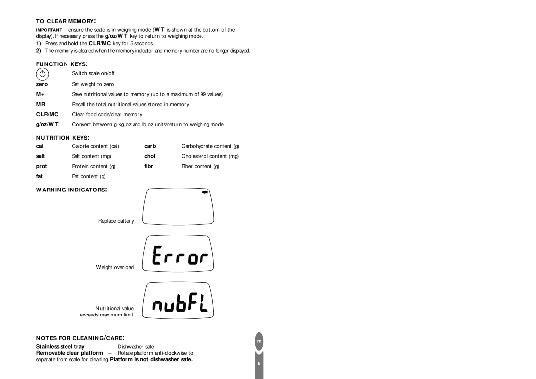 Salter Housewares pmn operating instructions To Clear Memory, Function Keys, Clr/Mc, Nutrition Keys 