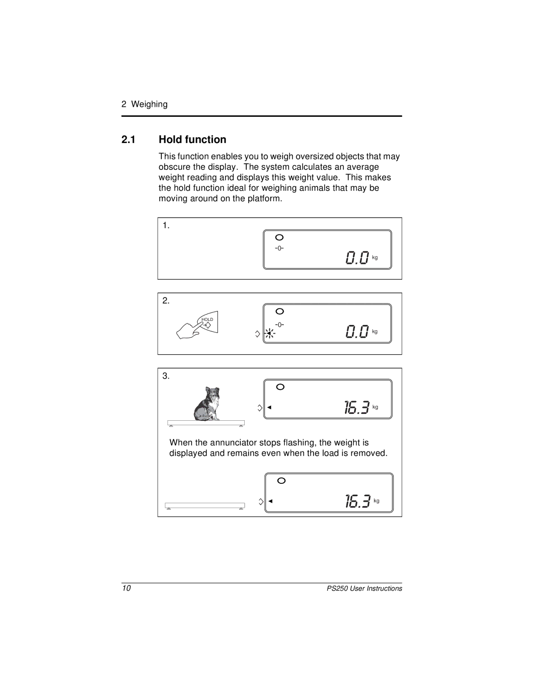 Salter Housewares PS250 manual 16.3 kg, Hold function 