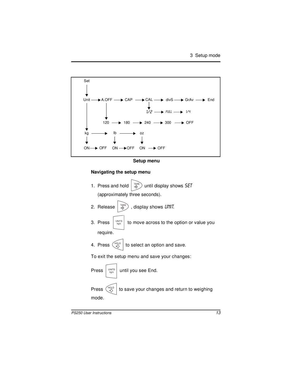 Salter Housewares PS250 manual Xoo, Setup menu Navigating the setup menu 