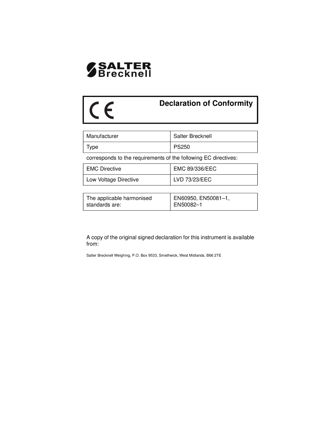 Salter Housewares PS250 manual Declaration of Conformity 