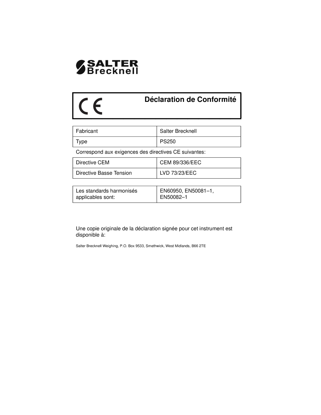 Salter Housewares PS250 manual Déclaration de Conformité 