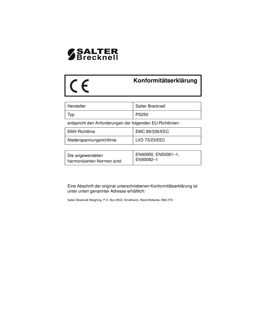 Salter Housewares PS250 manual Konformitätserklärung 