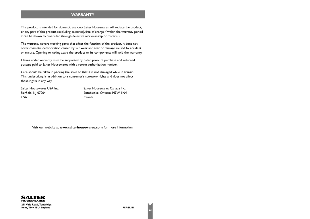 Salter Housewares SH6941 operating instructions Warranty 