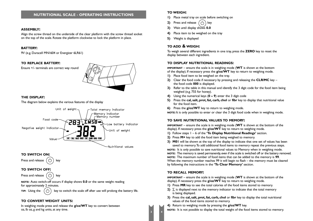 Salter Housewares SH6941 operating instructions Nutritional Scale Operating Instructions 