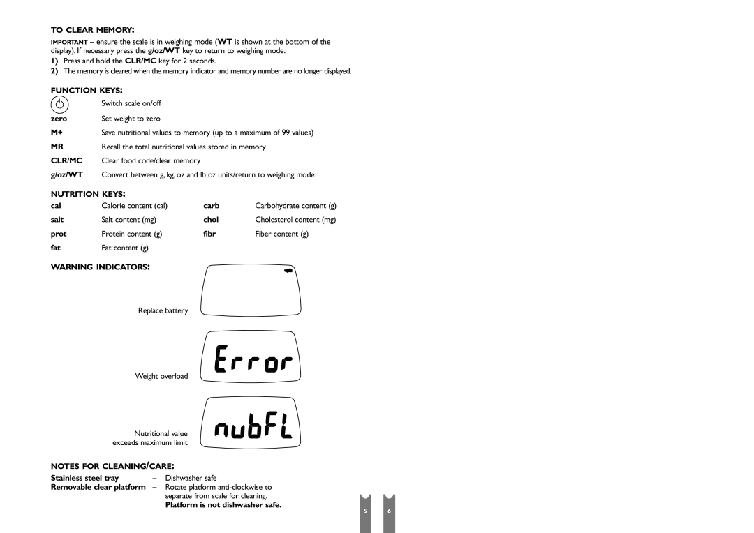 Salter Housewares SH6941 operating instructions To Clear Memory, Function Keys, Clr/Mc, Nutrition Keys 