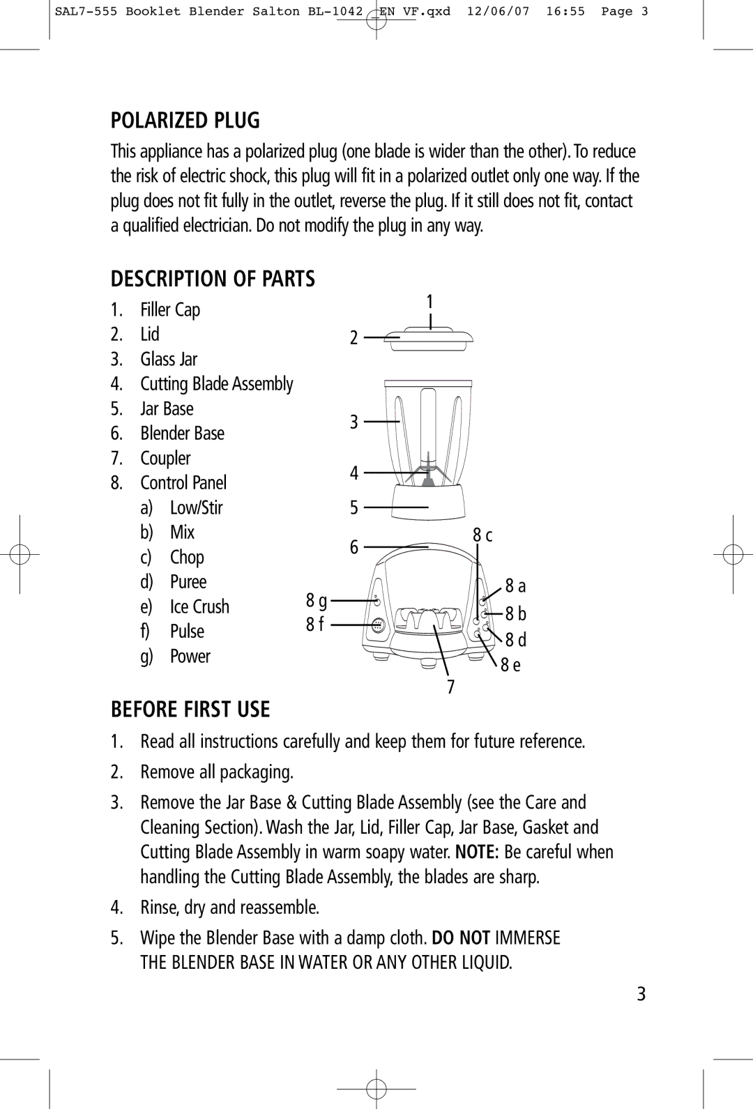 Salton BL-1042 Polarized Plug, Description of Parts, Before First USE, Filler Cap Lid Glass Jar, Rinse, dry and reassemble 