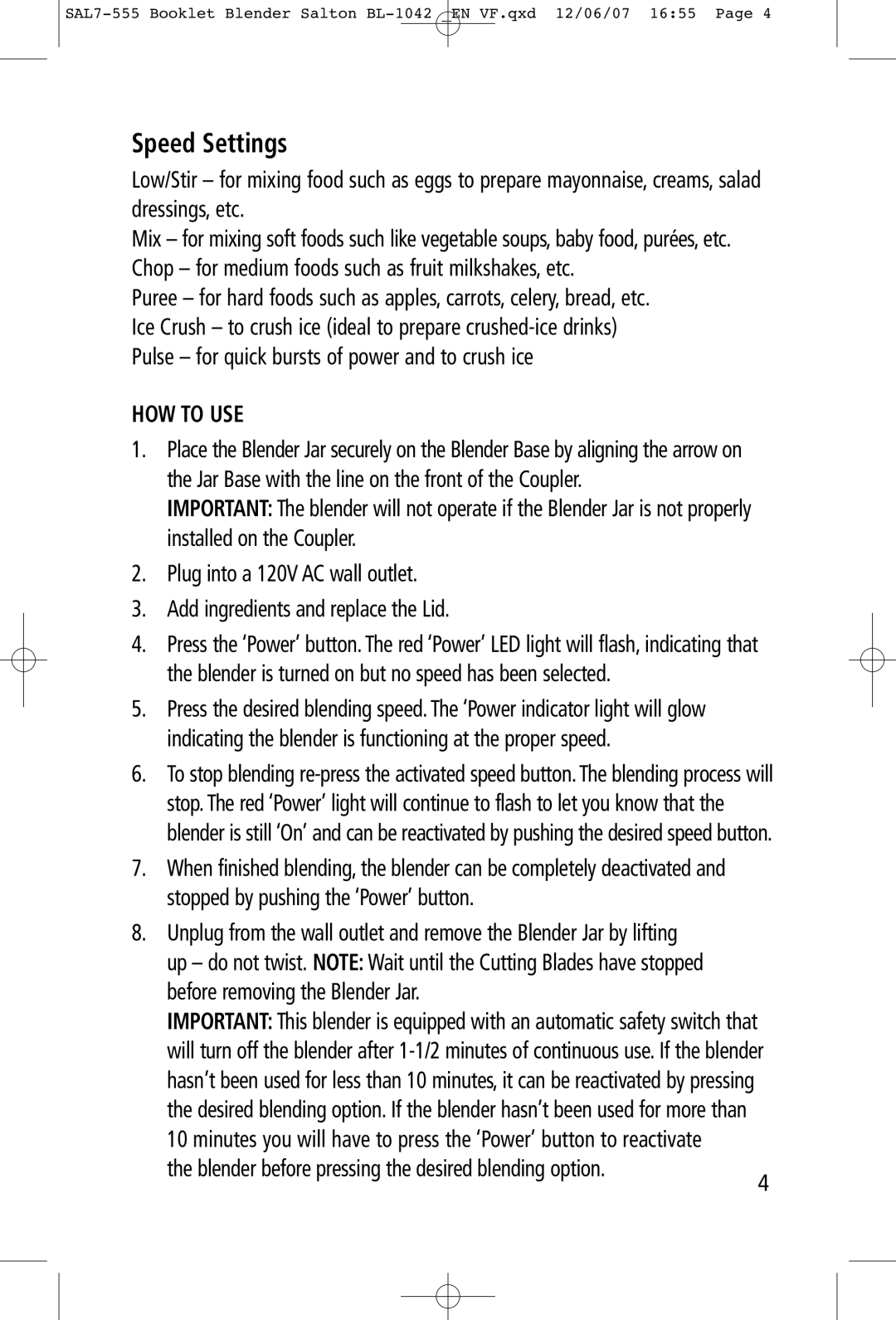 Salton BL-1042 manual Speed Settings, Blender before pressing the desired blending option 