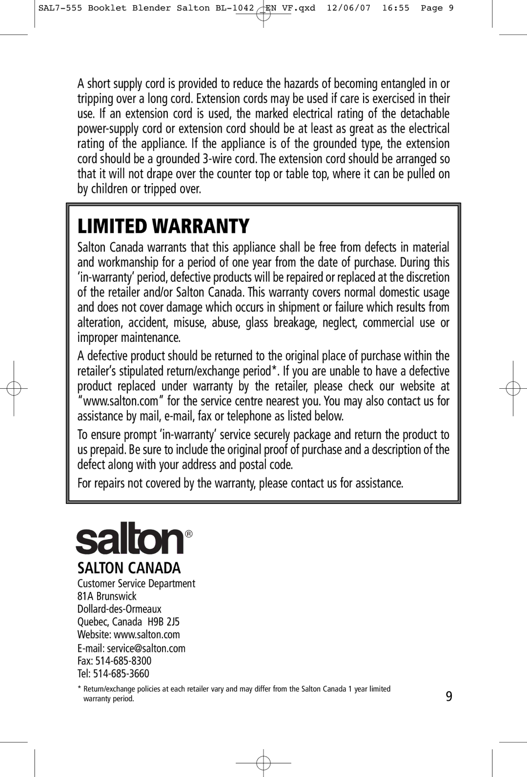 Salton BL-1042 manual Limited Warranty, Salton Canada 