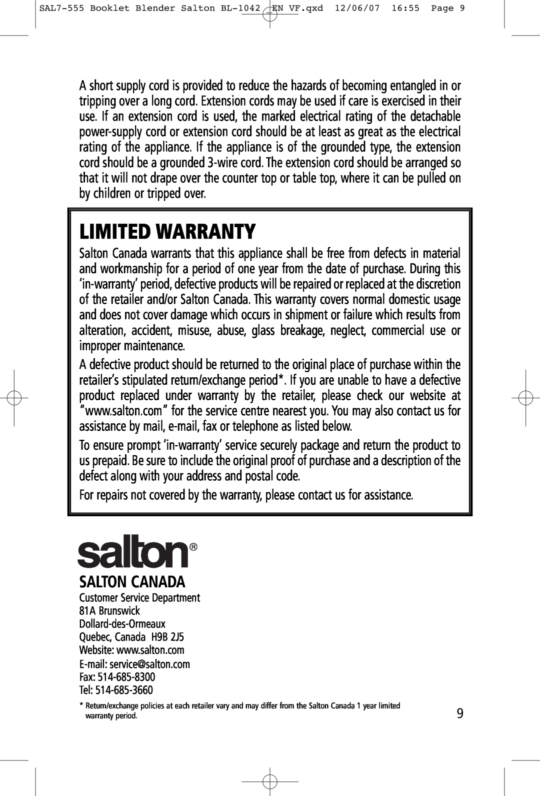 Salton BL-1042 manual Salton Canada, Limited Warranty 