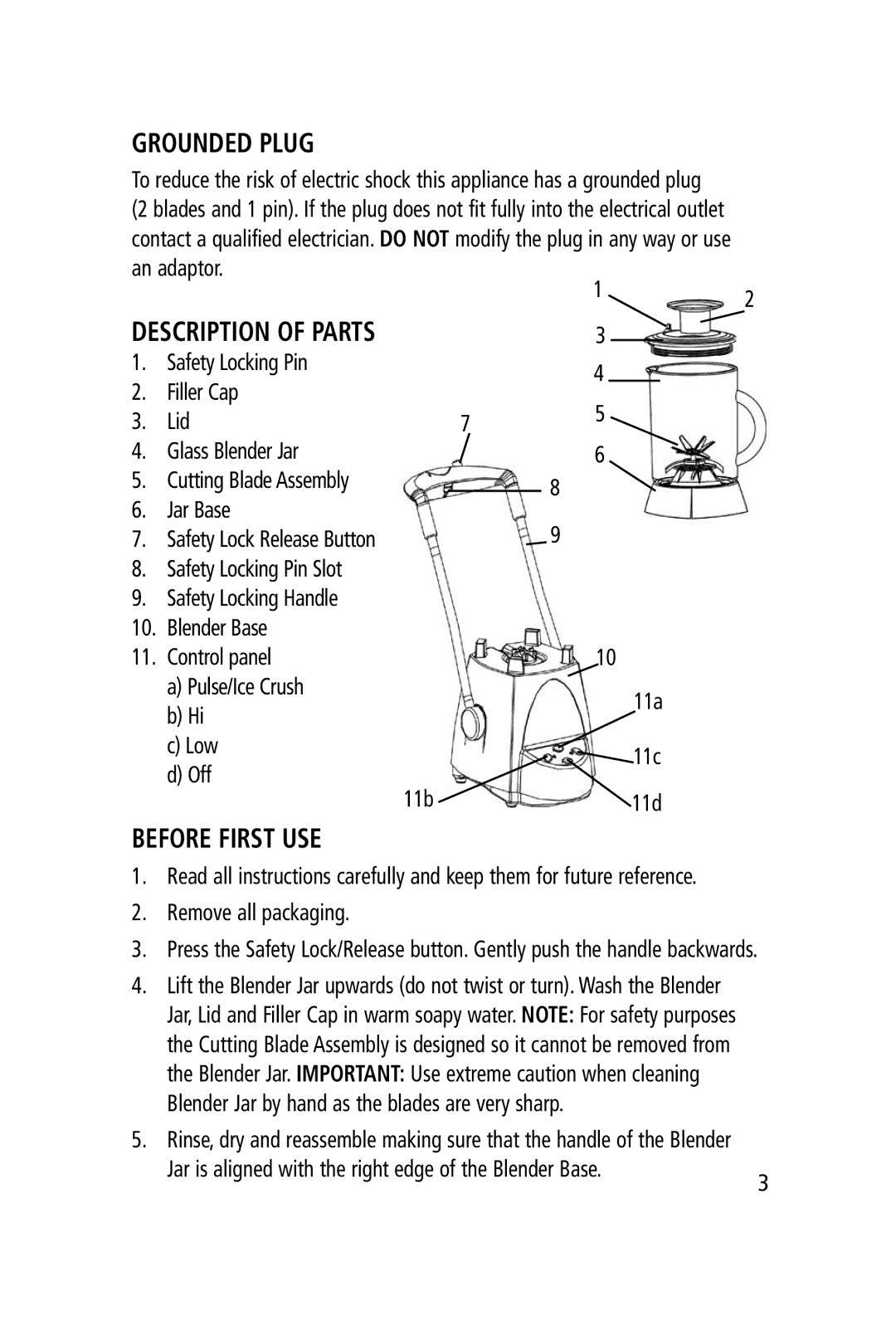 Salton BL-1051 manual Grounded Plug, Before First USE, Remove all packaging 