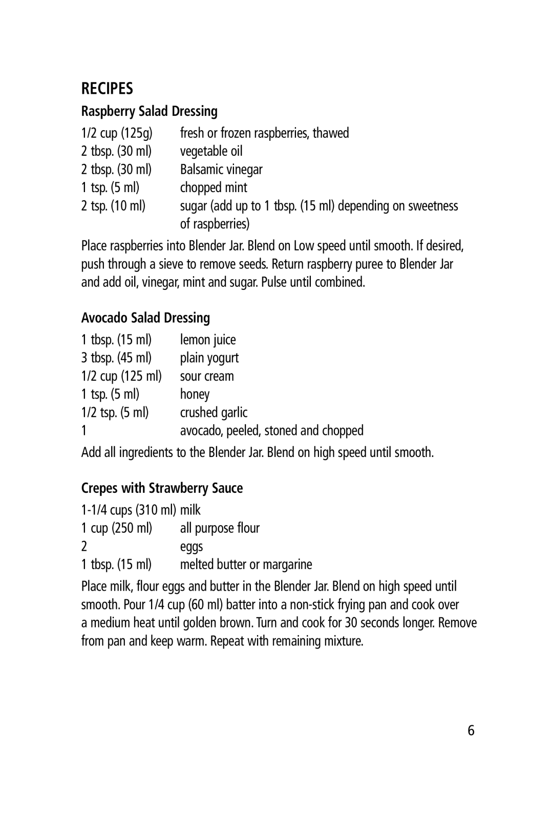 Salton BL-1051 manual Recipes, Raspberry Salad Dressing, Avocado Salad Dressing 