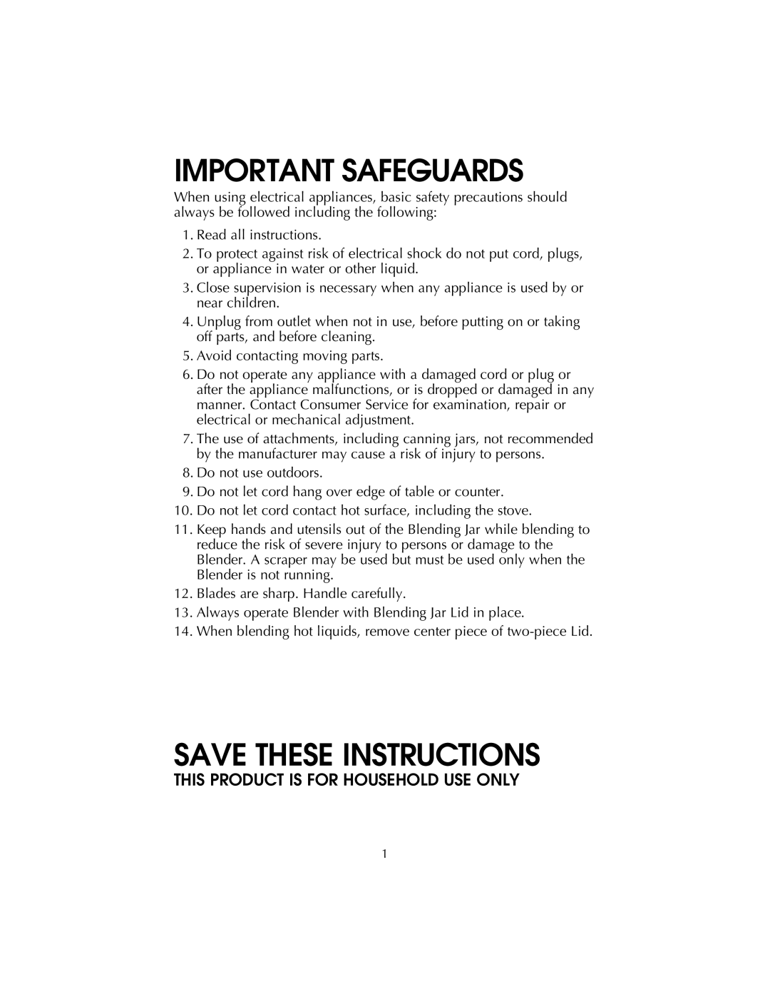 Salton BL22 owner manual Important Safeguards 