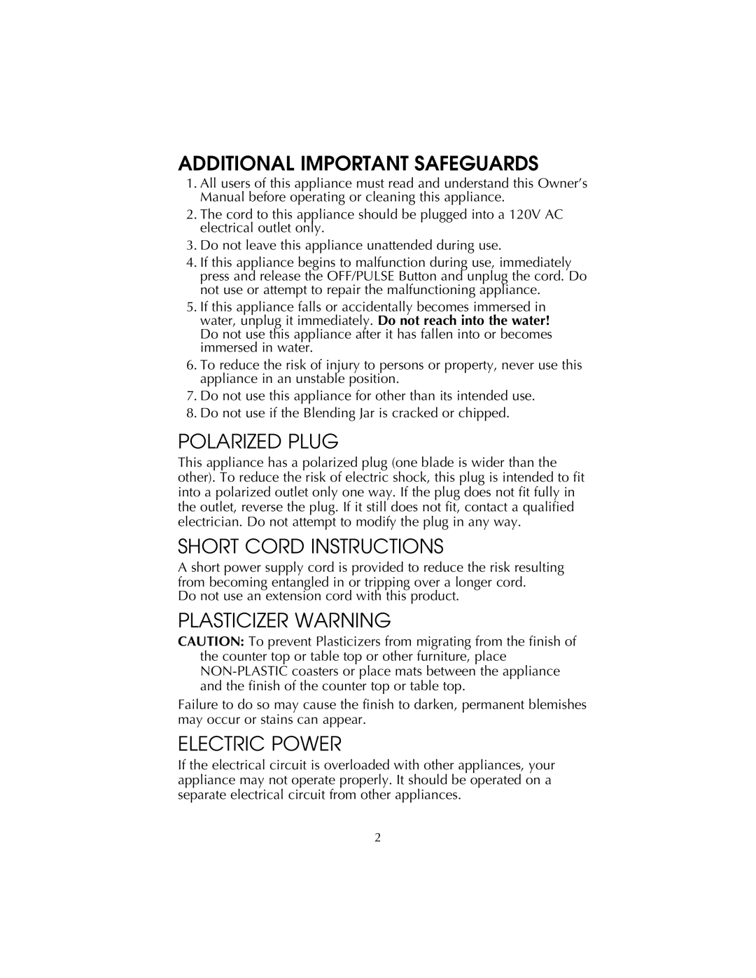 Salton BL22 Additional Important Safeguards, Polarized Plug, Short Cord Instructions, Plasticizer Warning, Electric Power 