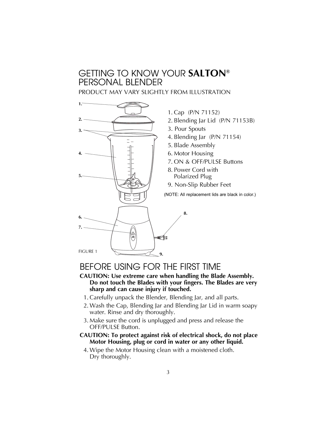 Salton BL22 owner manual Getting to Know Your Salton Personal Blender, Before Using for the First Time 