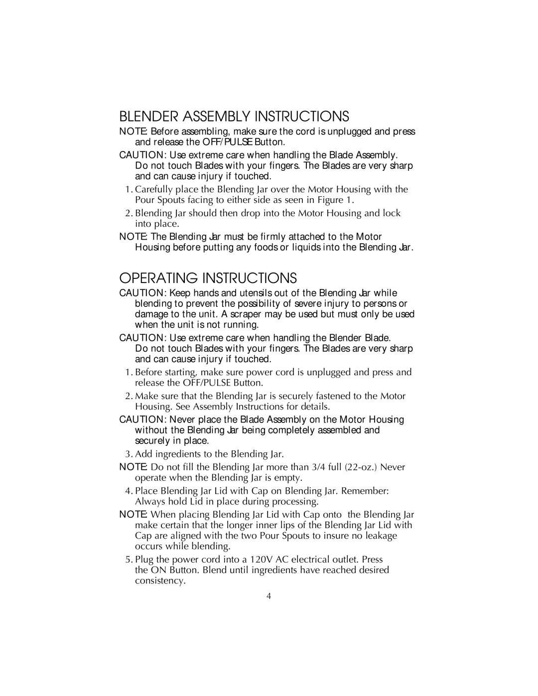 Salton BL22 owner manual Blender Assembly Instructions, Operating Instructions 