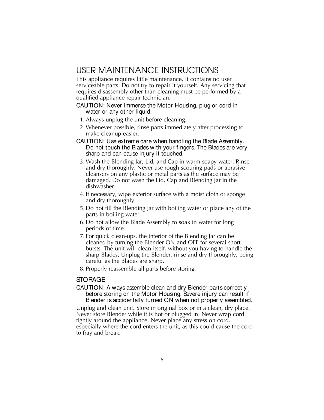 Salton BL22 owner manual User Maintenance Instructions, Storage 