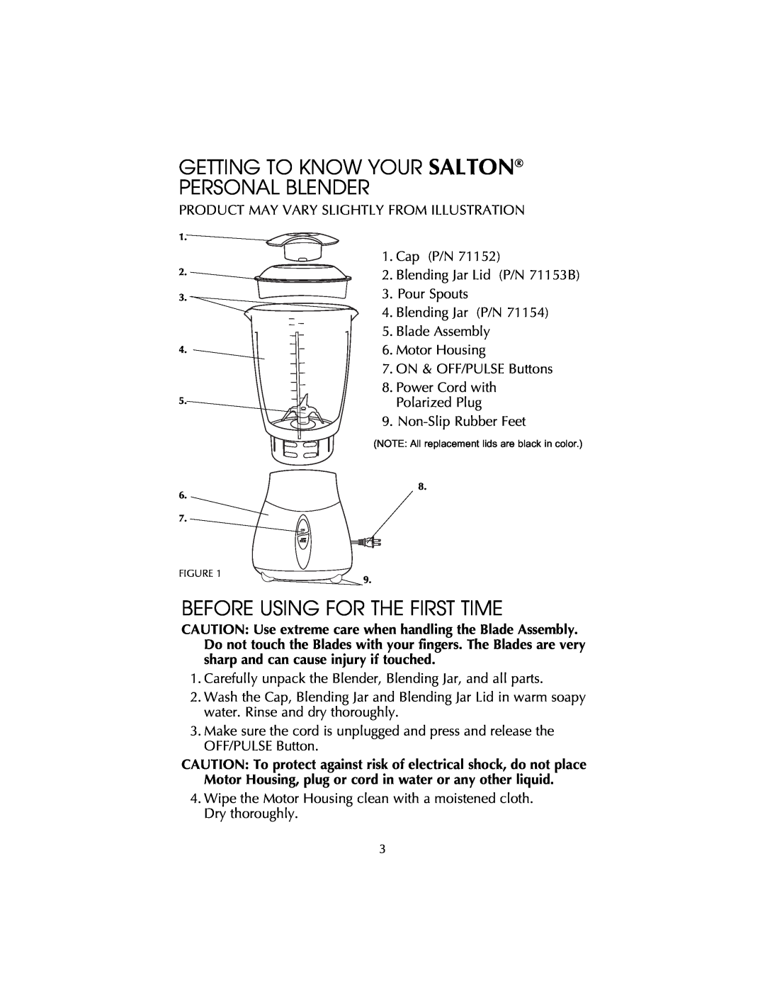 Salton BL22 owner manual Getting To Know Your Salton Personal Blender, Before Using For The First Time 