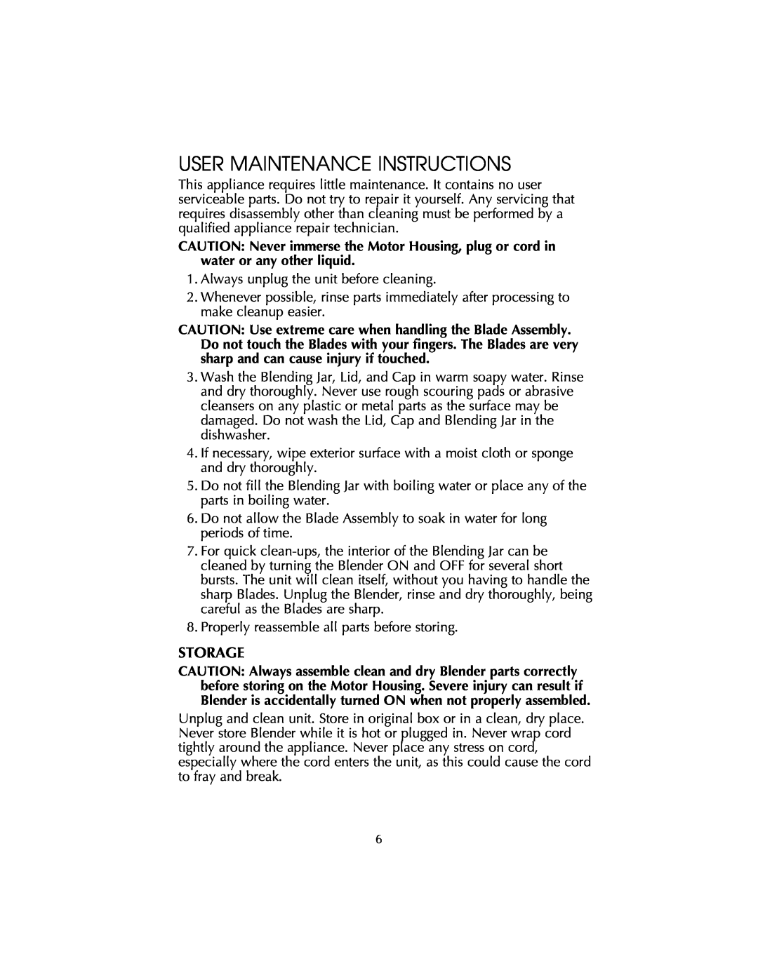 Salton BL22 owner manual User Maintenance Instructions, Storage 